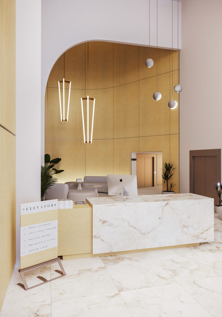 3D render van een hotel lobby ingekleed met Infinite Wood van Decospan